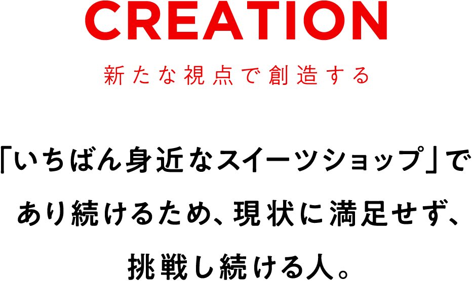 CREATION　新たな視点で創造する　「いちばん身近なスイーツショップ」であり続けるため、現状に満足せず、挑戦し続ける人。