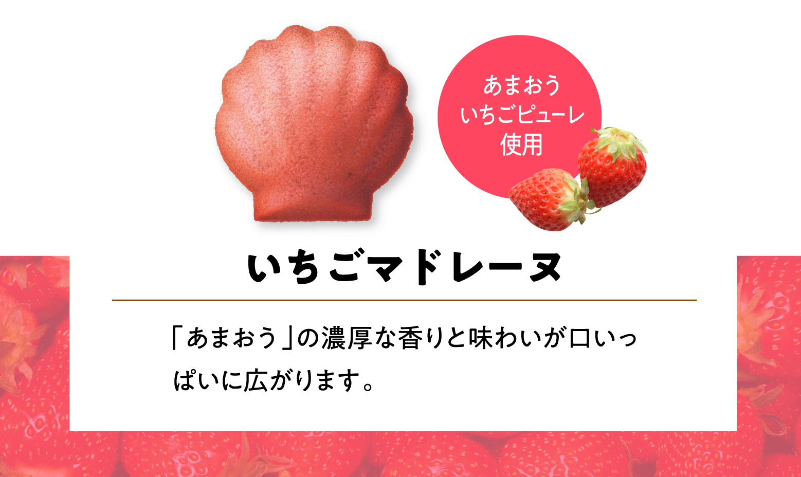 いちごマドレーヌ 「あまおう」の濃厚な香りと味わいが口いっぱいに広がります。 あまおういちごピューレ使用